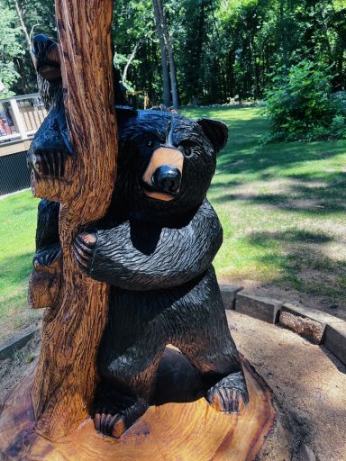 Close-up of momma bear keeping a watchful eye out, with her cub behind her. On-site oak stump carving, Pascoag, RI. Momma bear keeping a watchful eye out, cub behind her, close-up