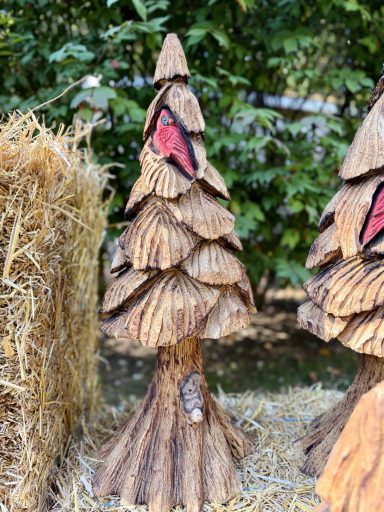 Woodland Series tree with a cardinal in the branches and a squirrel on the stump/base. About 28" tall, pine. Woodland Series tree with cardinal and squirrel on base