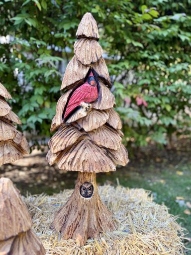 Woodland Series tree with a cardinal in the branches and a small owl peeking out of the base. About 28" tall, pine. Woodland Series tree with cardinal and small owl at base