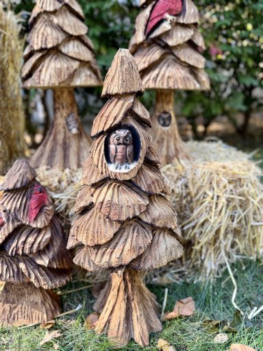 Woodland Series tree with owl peeking out of a hole in the branches. About 28" tall, pine. Woodland Series tree with owl peeking from hole in branches